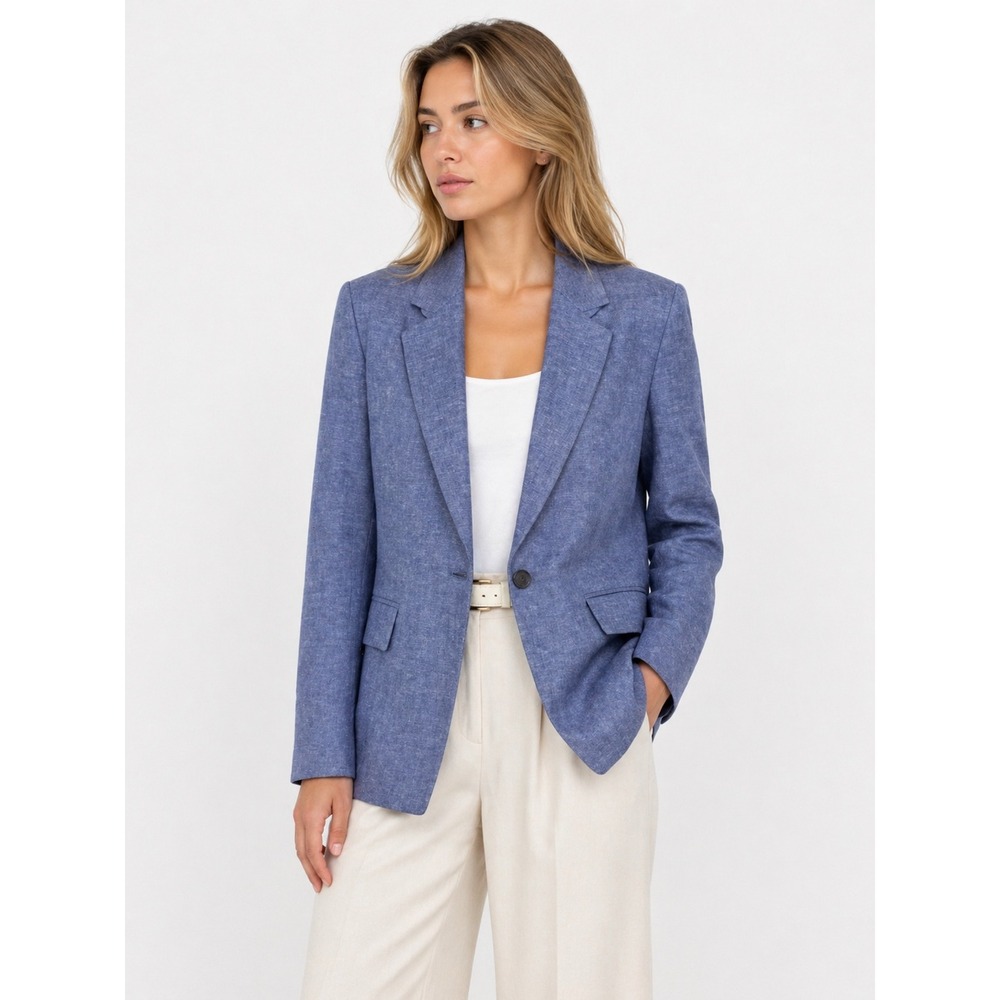 Rachel Zoe Blazer Women L Blue‎ Linen Blend Lightweight Minimalist Professional
